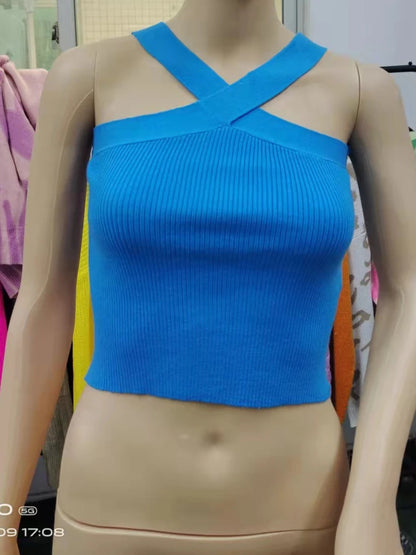 Sexy Women Knitted Tank Tops, Summer Slim Off Shoulder Cropped Solid Halter Base Vest Black for Women