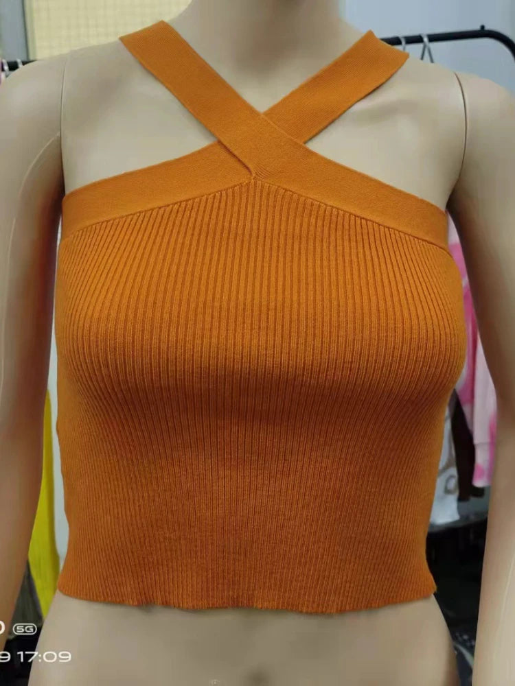 Sexy Women Knitted Tank Tops, Summer Slim Off Shoulder Cropped Solid Halter Base Vest Black for Women