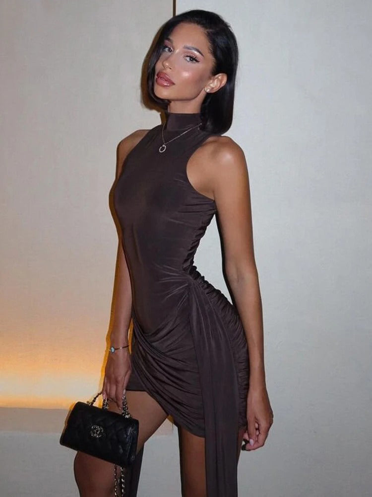 Turtleneck Sleeveless Sexy Mini Dress For Women Fashion Irregular Ruched Tank Dress Femme Elegant C 5
