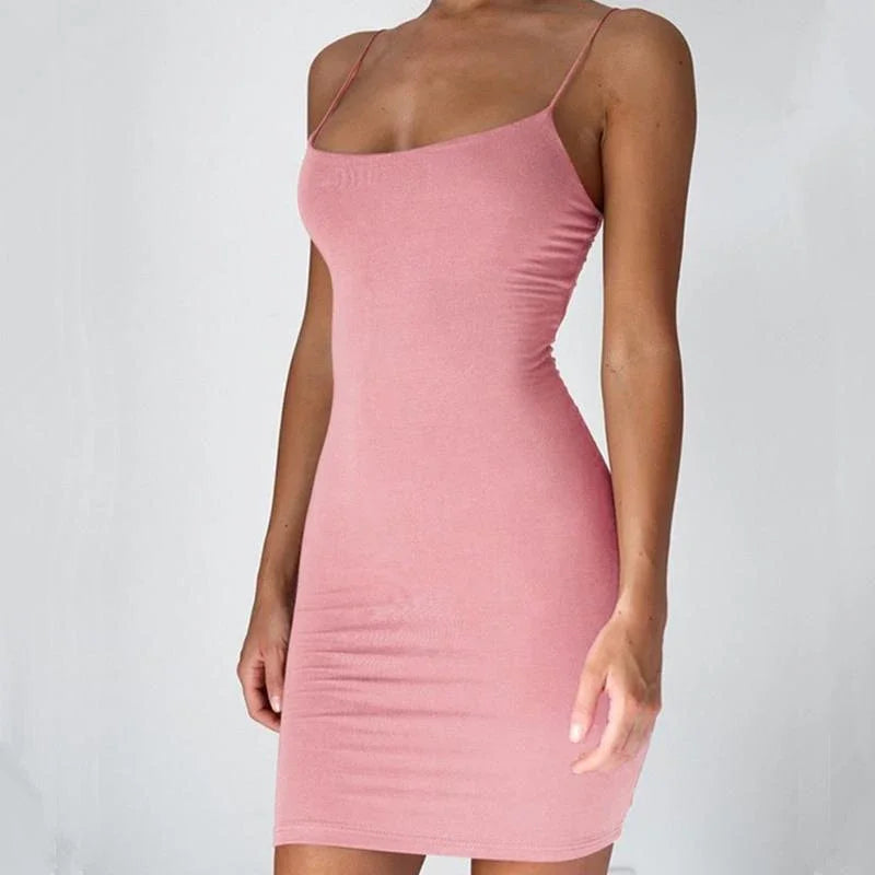 Summer Spaghetti Strap Mini Dress for Women, Sexy Bodycon Club Party Camisole Solid Black Sheath Sundress