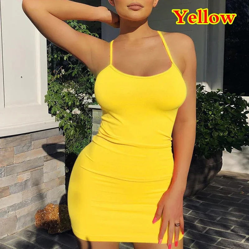 Summer Spaghetti Strap Mini Dress for Women, Sexy Bodycon Club Party Camisole Solid Black Sheath Sundress