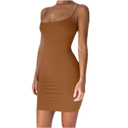 Summer Spaghetti Strap Mini Dress for Women, Sexy Bodycon Club Party Camisole Solid Black Sheath Sundress