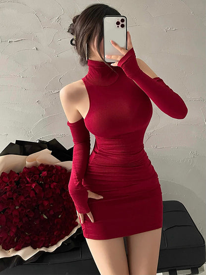 Summer Sexy High Neck Tight Dress with Oversleeve Pleated Bottom & Wrapped Hip Bodycon Dress for Women