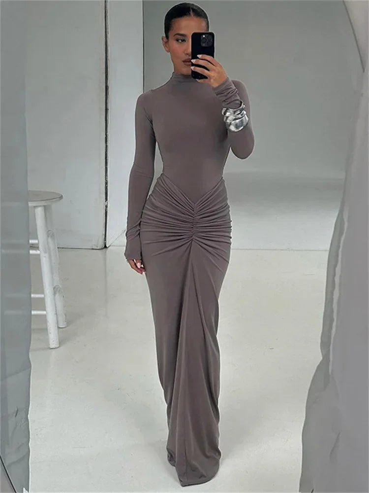 Tossy Pleated Fashion Patchwork Maxi Dress, Women's High Waist Long Sleeve Solid Slim Party Dress Summer Style