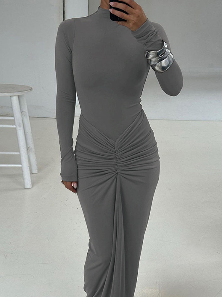 Tossy Pleated Fashion Patchwork Maxi Dress Womens High Waist Long Sleeve Solid Slim Party Dress Sum 6