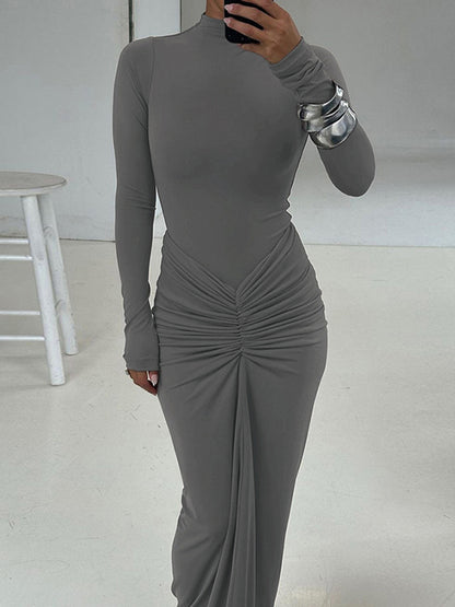 Tossy Pleated Fashion Patchwork Maxi Dress Womens High Waist Long Sleeve Solid Slim Party Dress Sum 6
