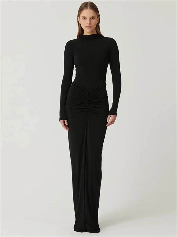Tossy Pleated Fashion Patchwork Maxi Dress Womens High Waist Long Sleeve Solid Slim Party Dress Sum 7