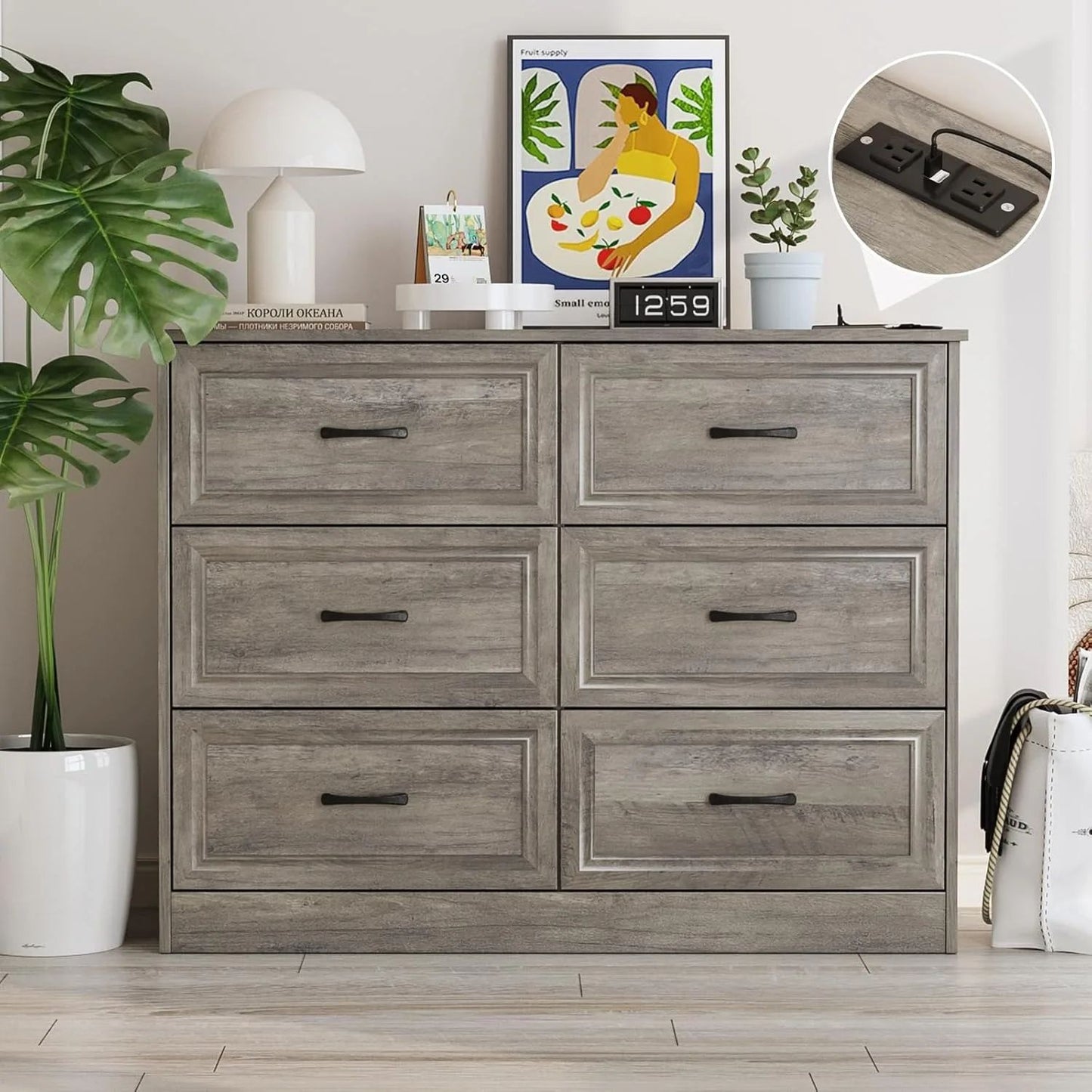 Wood Dresser with Metal Handles, Drawer Storage for Hallway