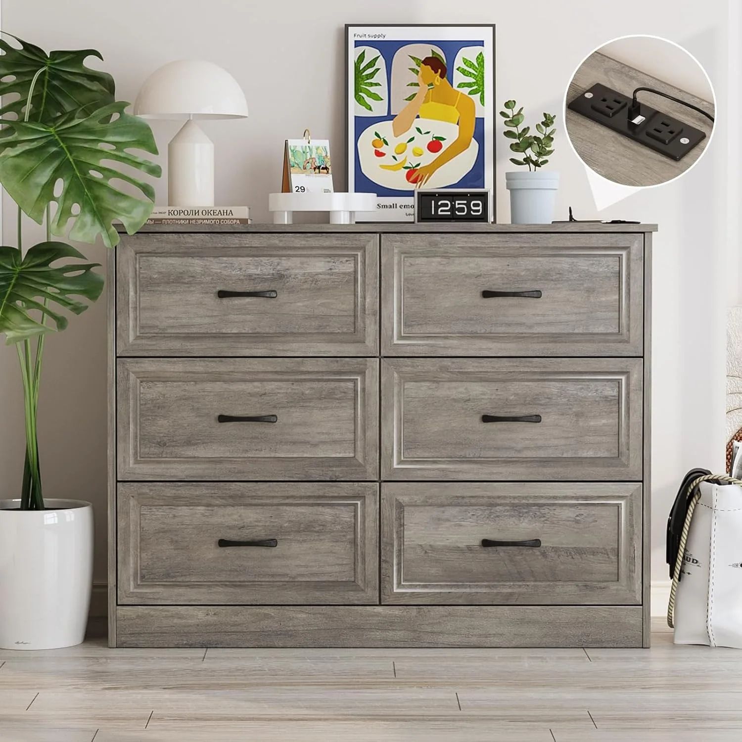 Wood Dresser with Metal Handles, Drawer Storage for Hallway