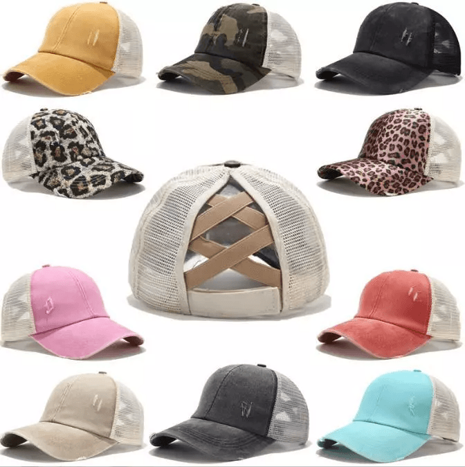 Plain Adjustable Mesh Back Ponytail Baseball Cap, Polo Style Cotton Distressed Mesh Caps