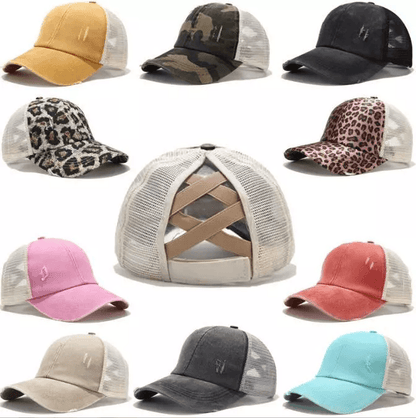 Plain Adjustable Mesh Back Ponytail Baseball Cap, Polo Style Cotton Distressed Mesh Caps