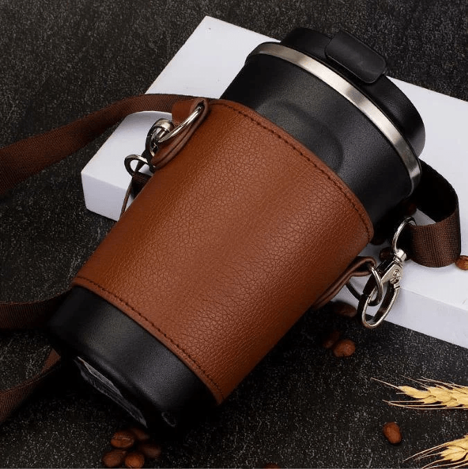 Coffee Cup And Water Bottle Carrier Pouch With Adjustable Shoulder Strap Leather Holder Bag With Ch 3