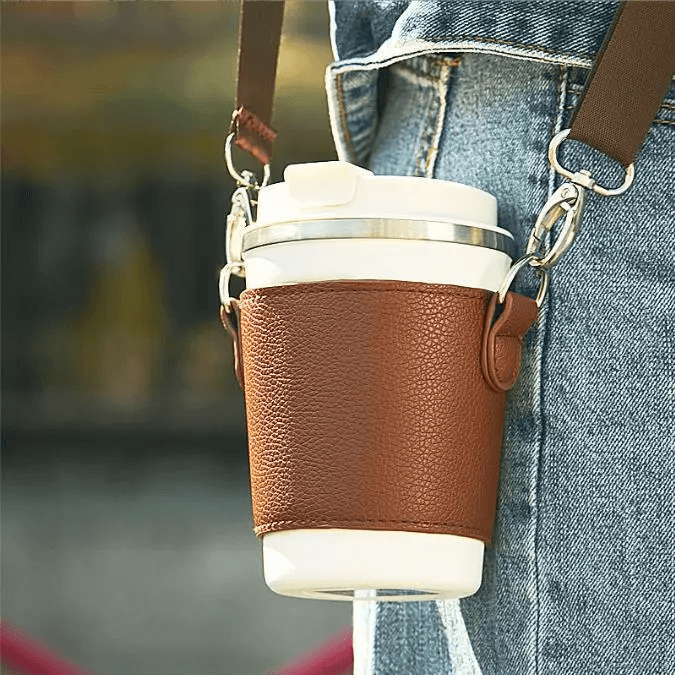Coffee Cup and Water Bottle Carrier Pouch with Adjustable Shoulder Strap, Leather Holder Bag with Chain for Hot drinks