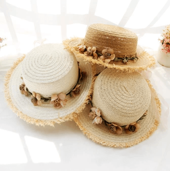 Summer Straw Sun Hat Wreath Decoration, Fedora Bucket Hat with Flower Decor