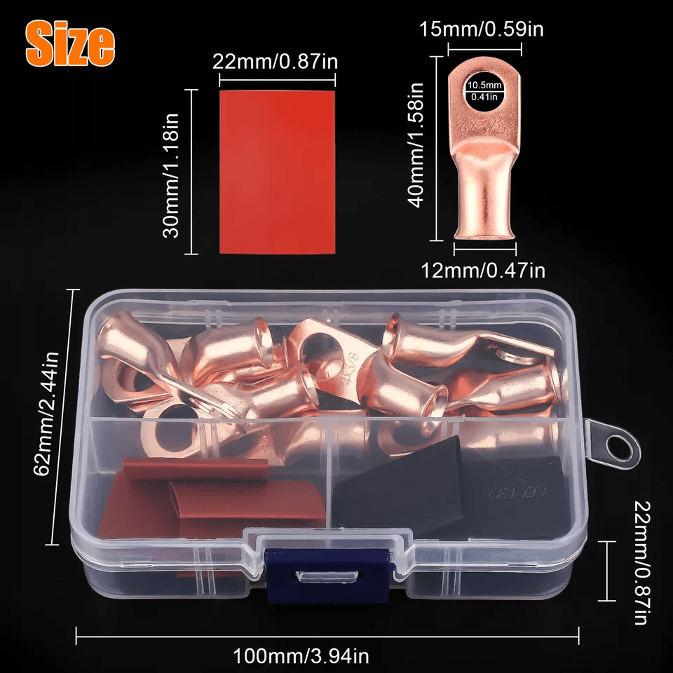 AWG Gauge Copper Lugs With BLACK  RED Heat Shrink End Ring Terminals Wire Connectors Kit 5