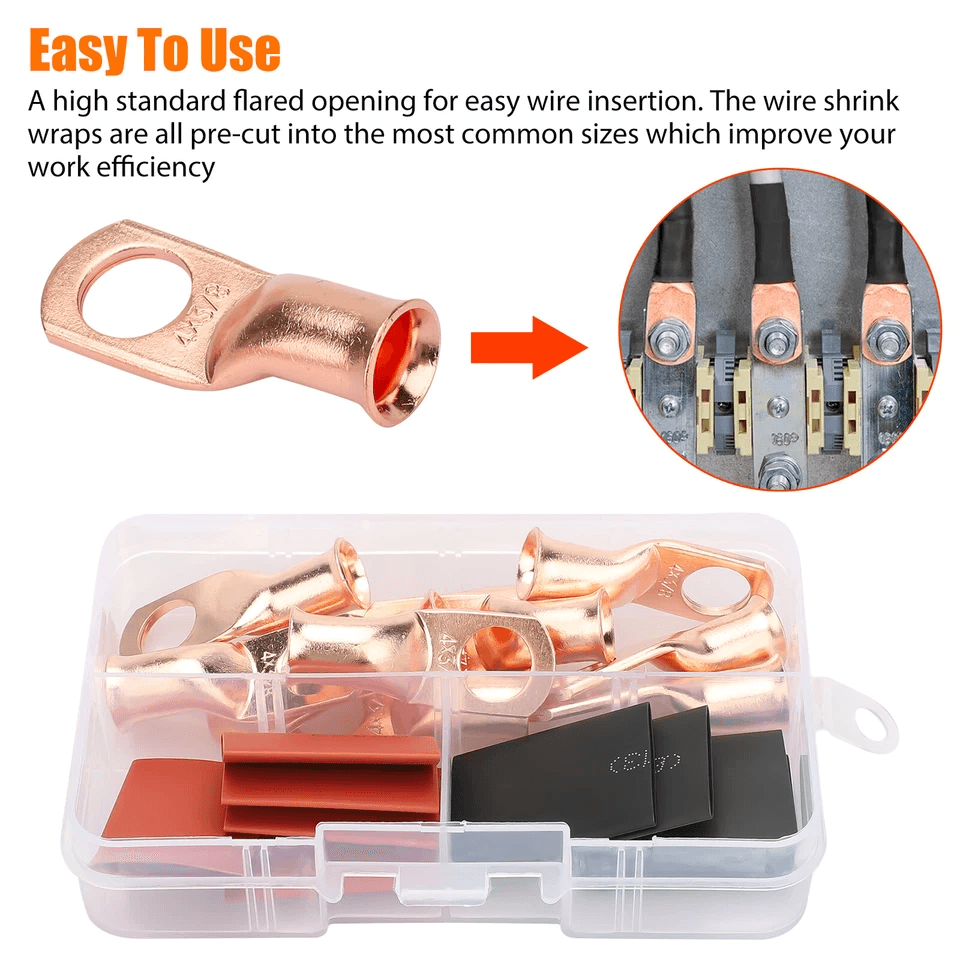 AWG Gauge Copper Lugs With BLACK  RED Heat Shrink End Ring Terminals Wire Connectors Kit 3