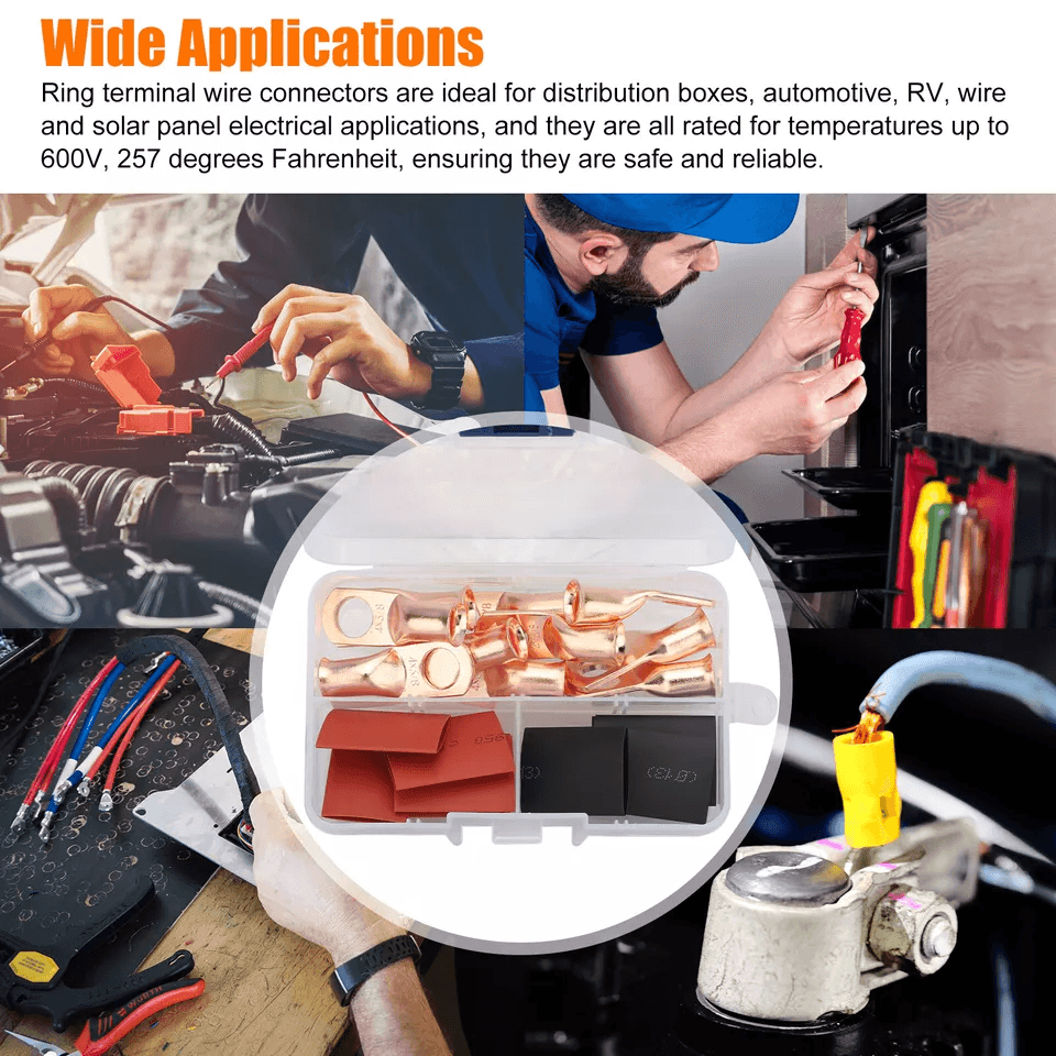 AWG Gauge Copper Lugs With BLACK  RED Heat Shrink End Ring Terminals Wire Connectors Kit 4