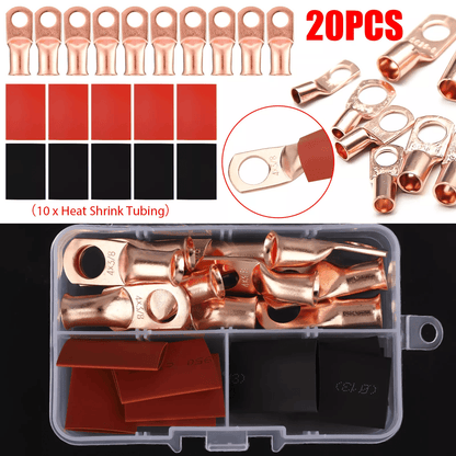 AWG Gauge Copper Lugs with BLACK & RED Heat Shrink, End Ring Terminals Wire Connectors Kit
