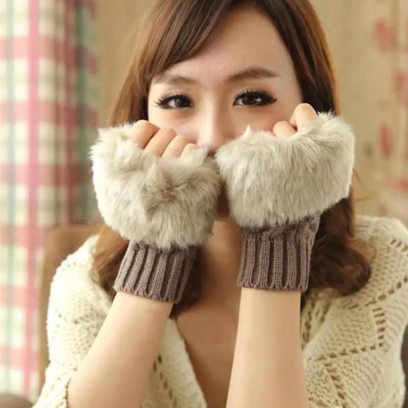 Faux Fur Knitted Fingerless Gloves, Warm Winter Half Finger Gloves for Men Women, Soft Thermal Hand Warmers for Outdoor