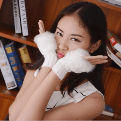 Faux Fur Knitted Fingerless Gloves Warm Winter Half Finger Gloves For Men Women Soft Thermal Hand W 1