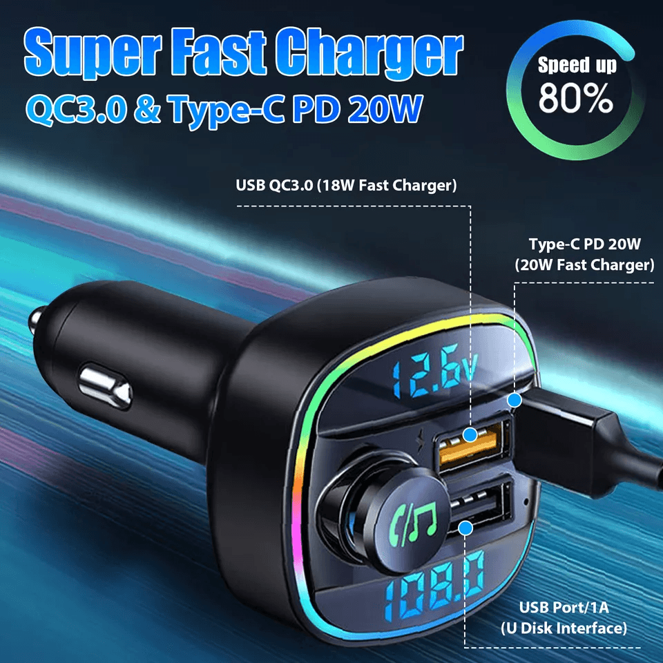 Wireless FM Transmitter Adapter With USB PD Charger  HandsFree AUX 3