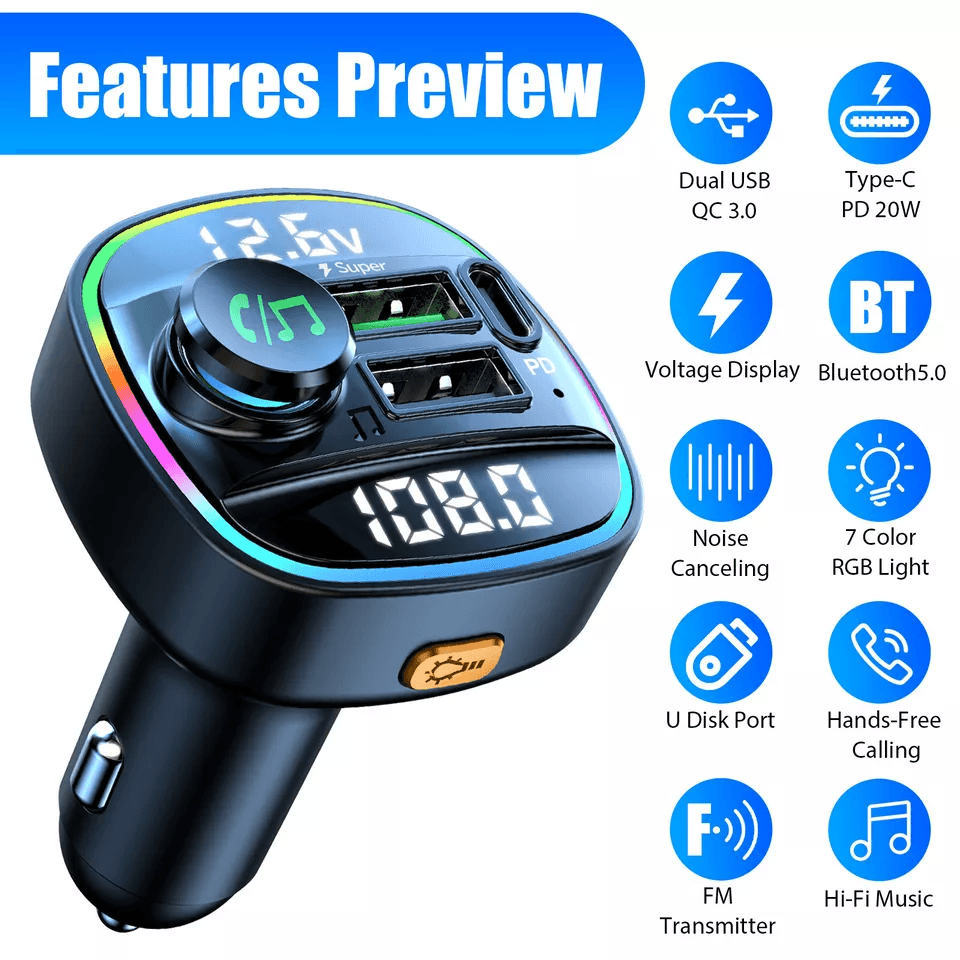 Wireless FM Transmitter Adapter With USB PD Charger  HandsFree AUX 1