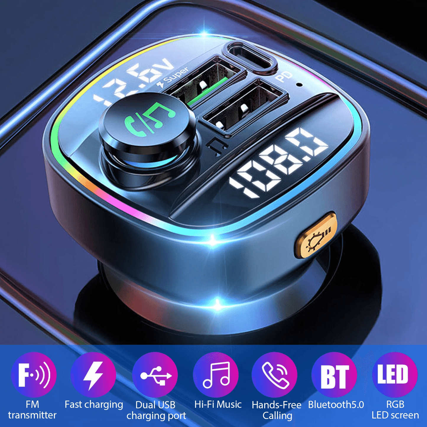 Wireless FM Transmitter Adapter with USB PD Charger & Hands-Free AUX