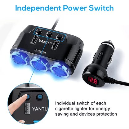Multi Car Cigarette Lighter Extension Splitter With USB Charger DC Ports Car Adapter With Voltmeter 4