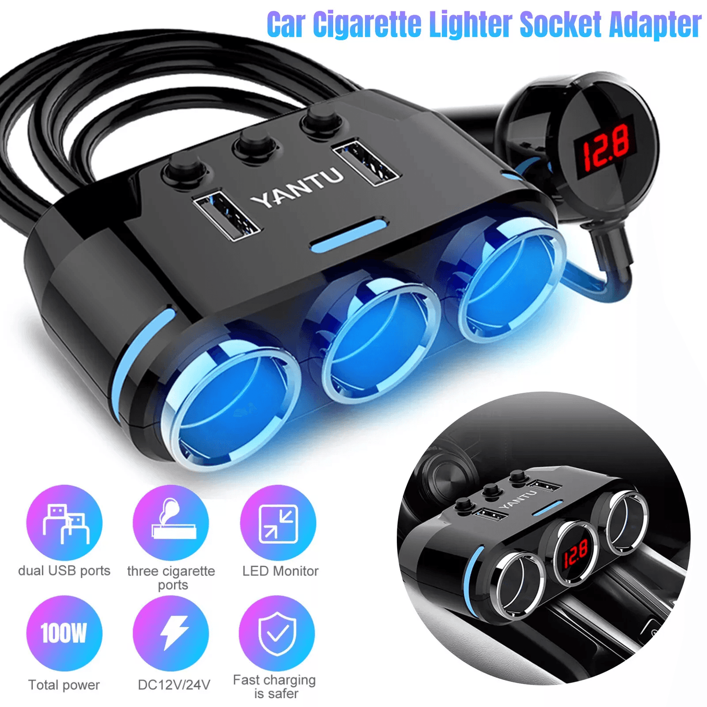 Multi Car Cigarette Lighter Extension Splitter with USB Charger DC Ports, Car Adapter with Voltmeter and Safe Switch