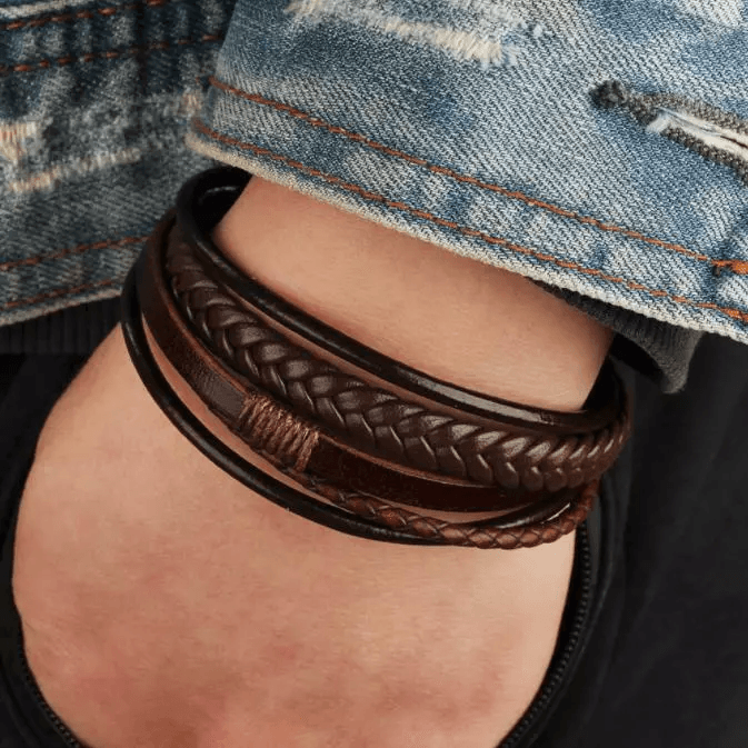 Men Jewelry Black Braided Leather Bracelet, Multi-Layer Stainless Steel Wristband, Punk Fashion Handmade Gift for Him