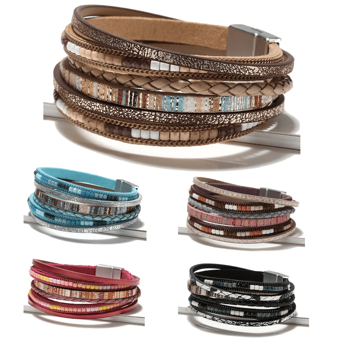 Boho Multilayer Leather Bracelet Set for Men and Women, Adjustable Wristband Bangle Jewelry Gift