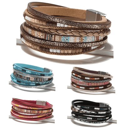 Boho Multilayer Leather Bracelet Set for Men and Women, Adjustable Wristband Bangle Jewelry Gift