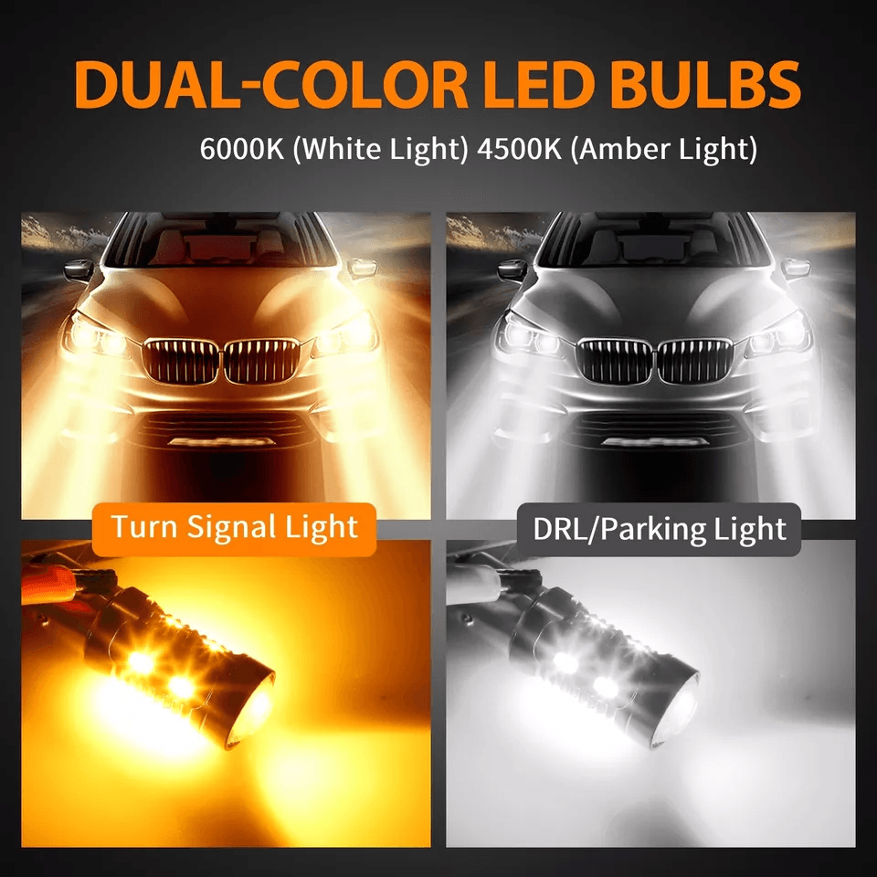 LED WhiteAmber DRL Switchback Turn Signal Indicator Parking Light Bulbs Super Bright DualColor Plug 1