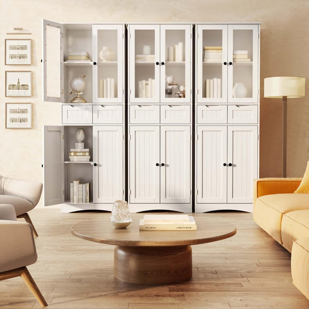 Stylish Freestanding Pantry Cabinet – 67" Tall Storage Cabinet with Glass Door & Drawers