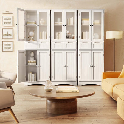 Stylish Freestanding Pantry Cabinet – 67" Tall Storage Cabinet with Glass Door & Drawers