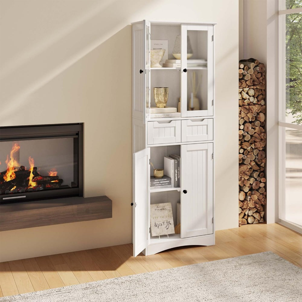 Stylish Freestanding Pantry Cabinet – 67" Tall Storage Cabinet with Glass Door & Drawers