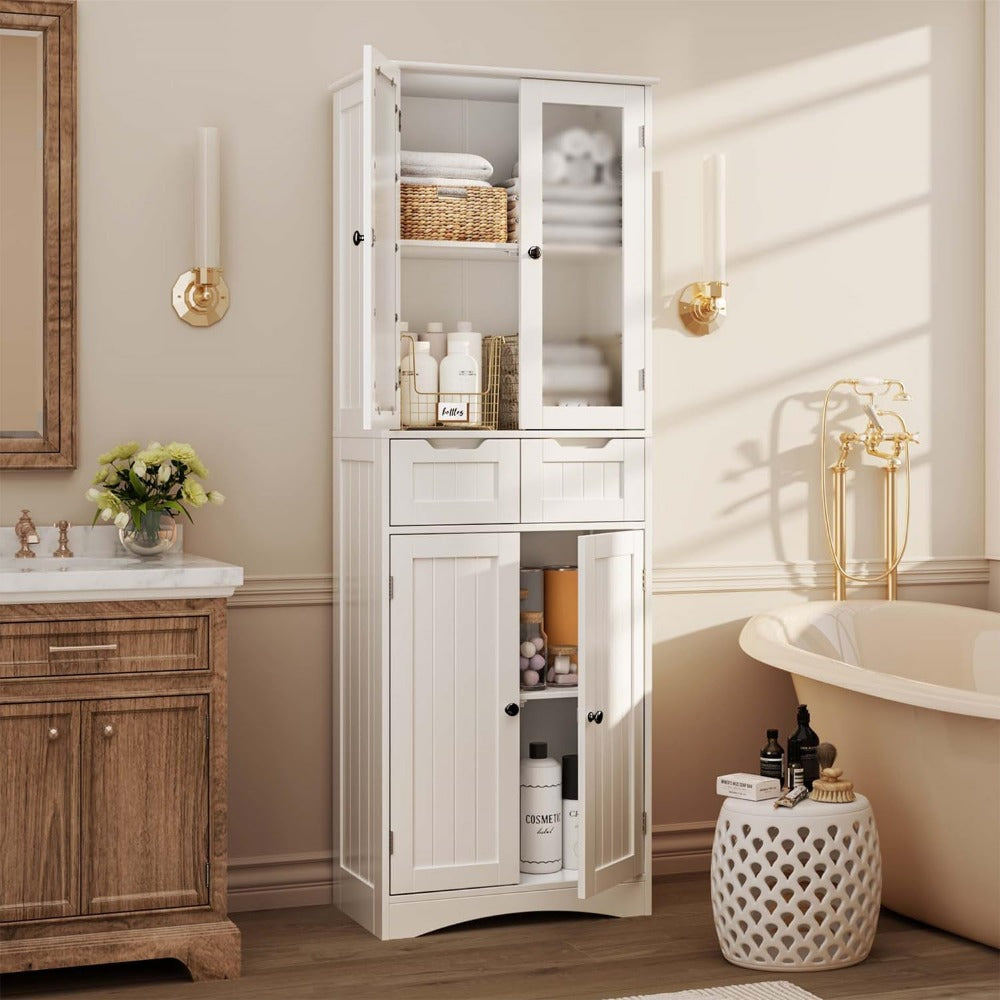 Stylish Freestanding Pantry Cabinet – 67" Tall Storage Cabinet with Glass Door & Drawers