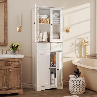 Stylish Freestanding Pantry Cabinet – 67" Tall Storage Cabinet with Glass Door & Drawers