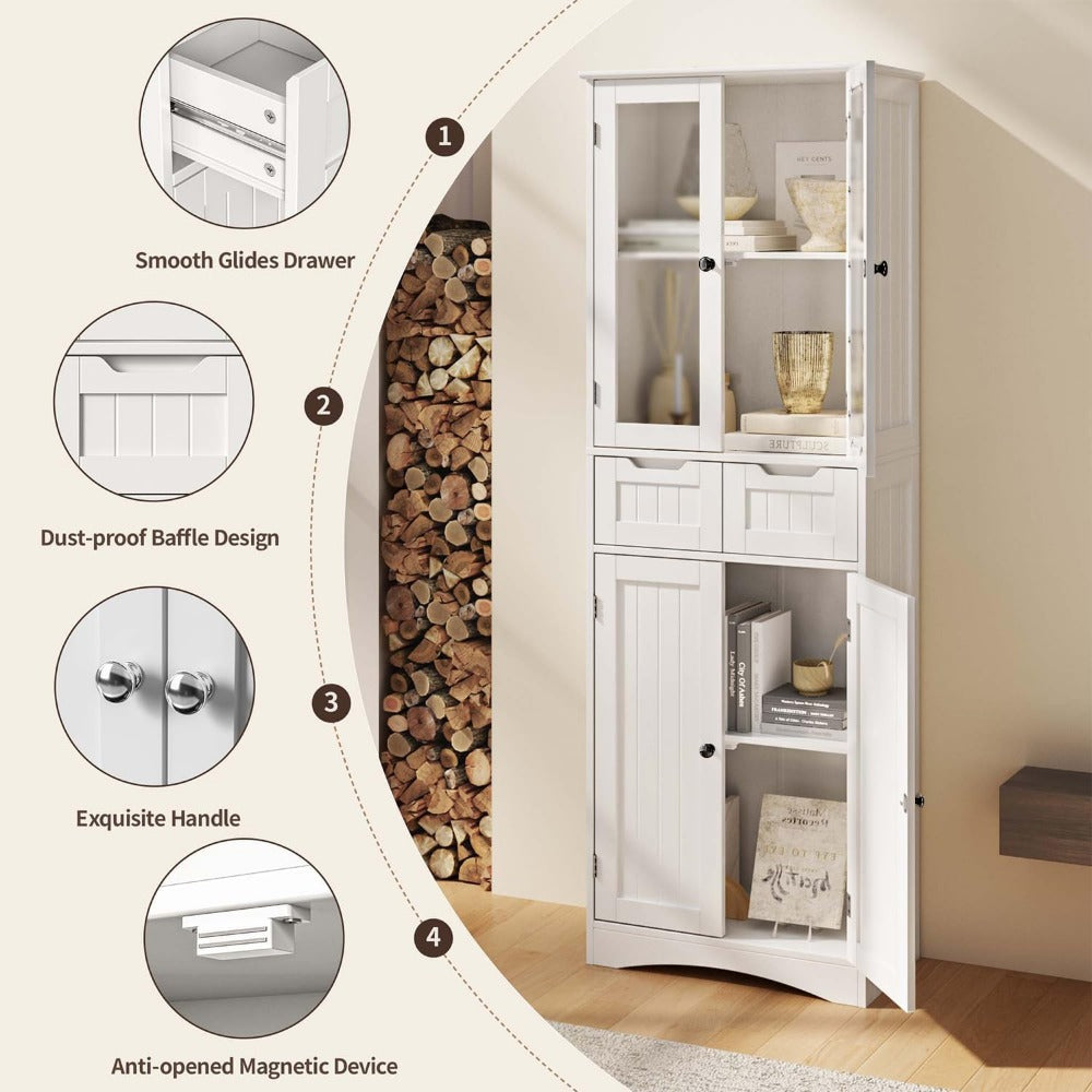 Stylish Freestanding Pantry Cabinet – 67" Tall Storage Cabinet with Glass Door & Drawers