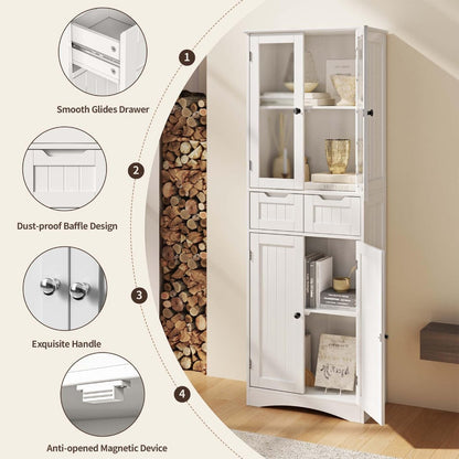 Stylish Freestanding Pantry Cabinet – 67" Tall Storage Cabinet with Glass Door & Drawers