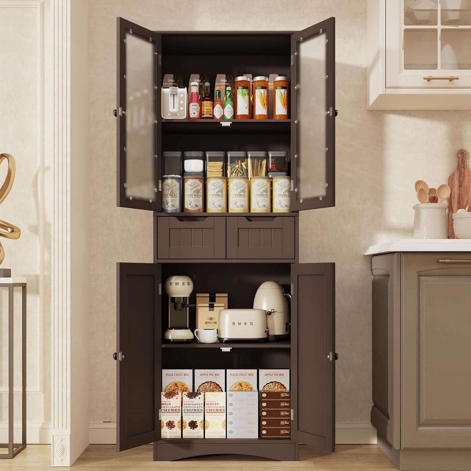 Stylish Freestanding Pantry Cabinet – 67" Tall Storage Cabinet with Glass Door & Drawers