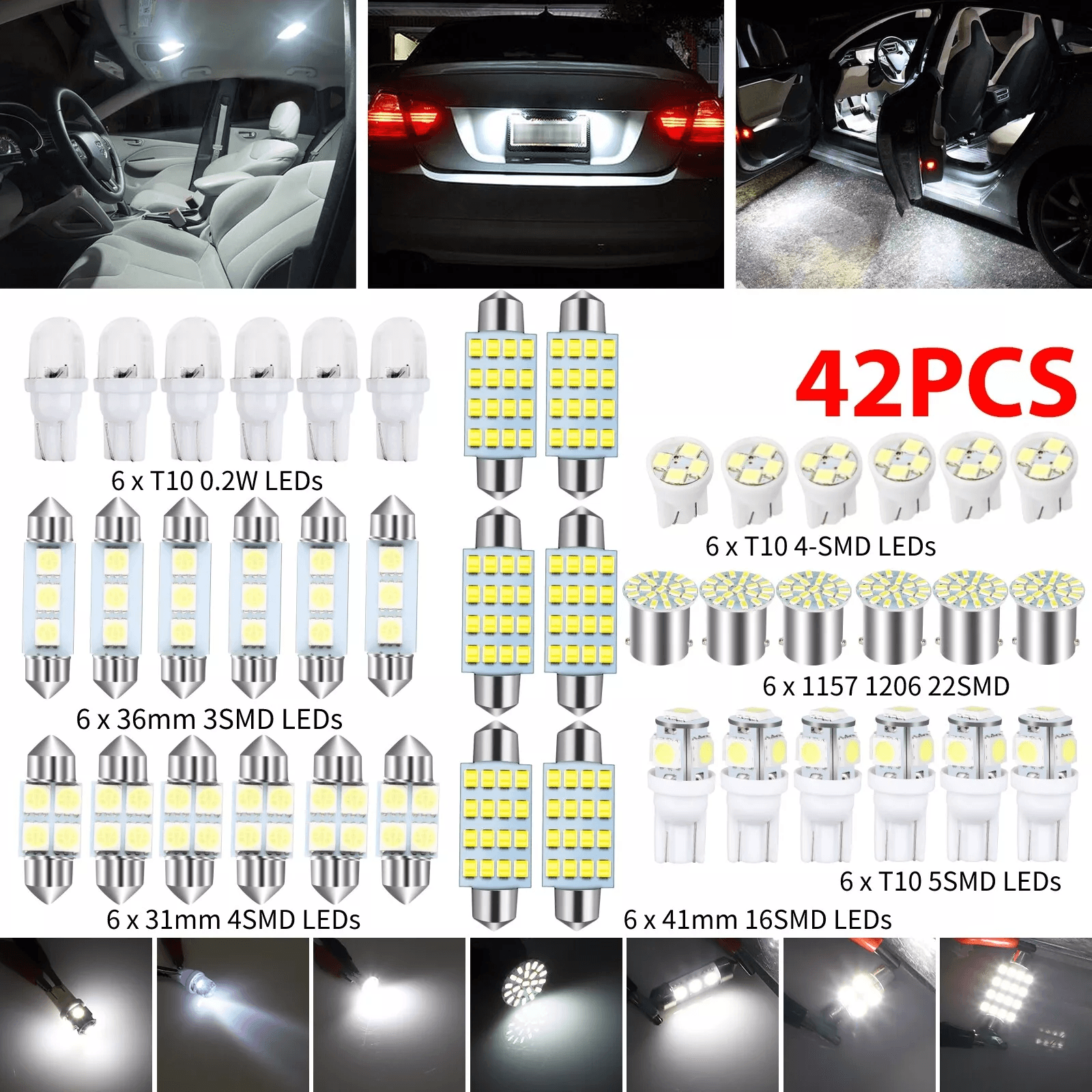 Car Interior Combo LED Map Dome Door Trunk License Plate Light Bulbs White, SMD Kit for Universal Vehicles