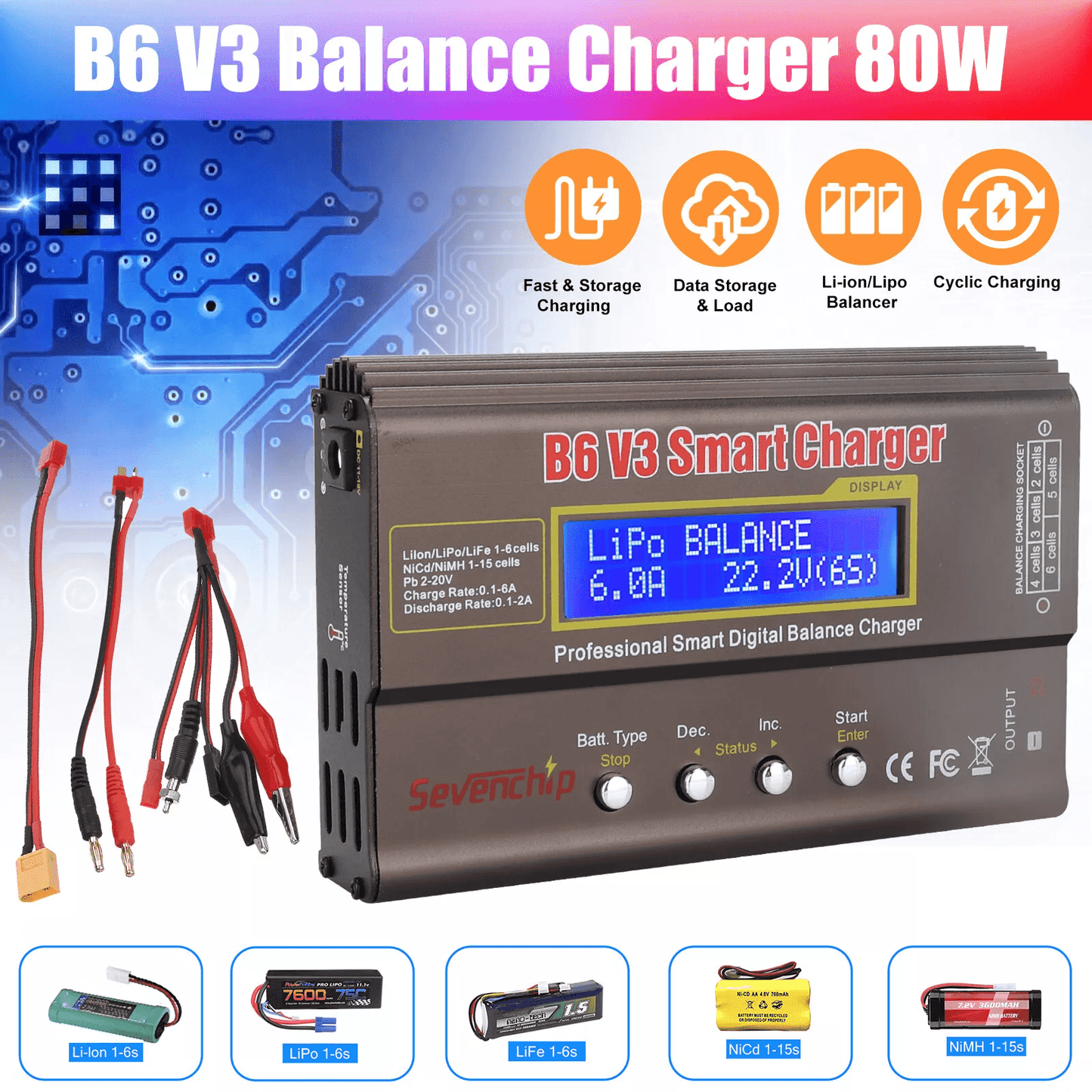 Smart LiPo Battery Balance Charger 6A Discharger for RC Cars, Boats, NiMH NiCd LiHV Li-ion Batteries with LCD Display