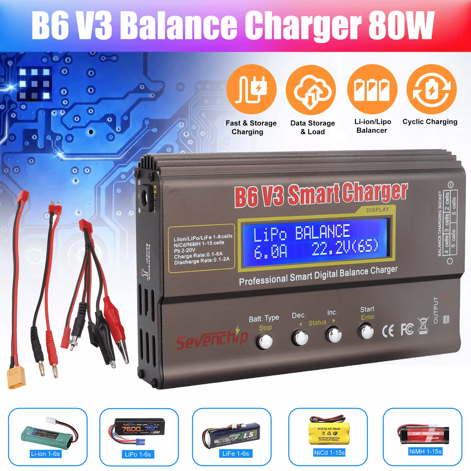 Smart LiPo Battery Balance Charger 6A Discharger for RC Cars, Boats, NiMH NiCd LiHV Li-ion Batteries with LCD Display