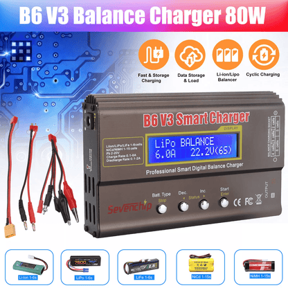 Smart LiPo Battery Balance Charger 6A Discharger for RC Cars, Boats, NiMH NiCd LiHV Li-ion Batteries with LCD Display