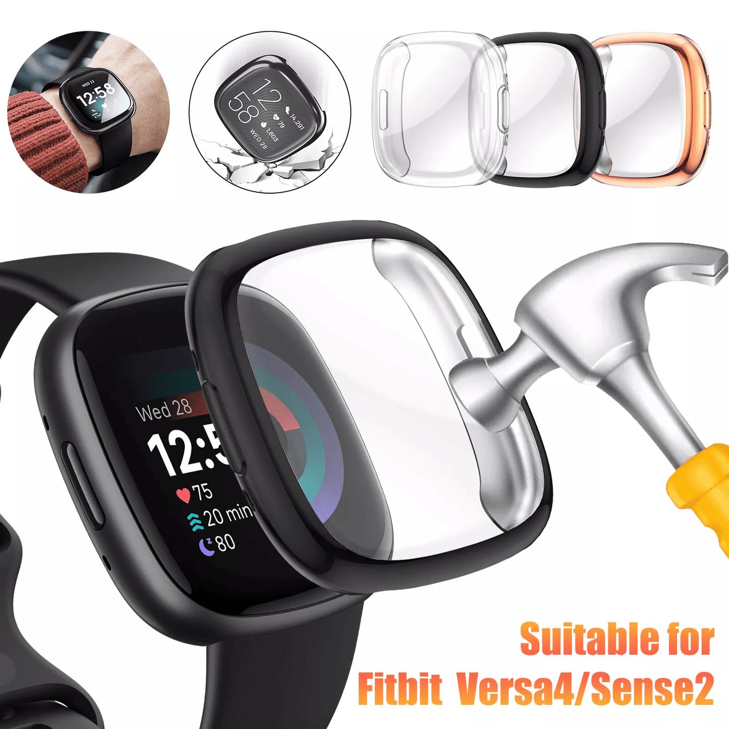Watch Case TPU Screen Cover Protector for Fitbit Versa Sense Smartwatch, Ultra-Thin Shockproof Full Protective Shell