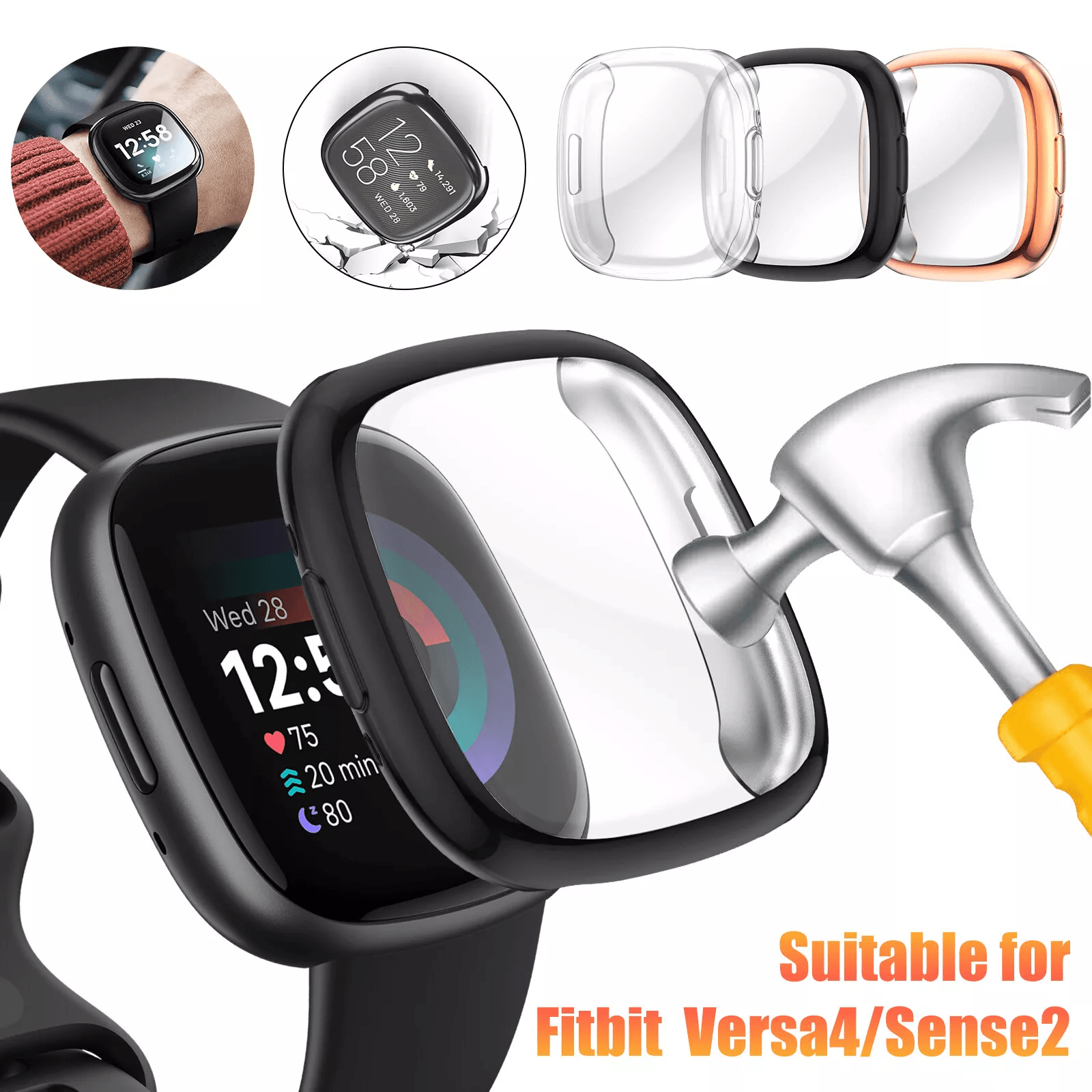 Watch Case TPU Screen Cover Protector for Fitbit Versa Sense Smartwatch, Ultra-Thin Shockproof Full Protective Shell