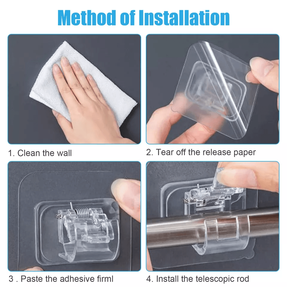 NailFree Self Adhesive Adjustable Curtain Rod Clip Bracket Transparent Holder Hook For Bathroom Bed 4