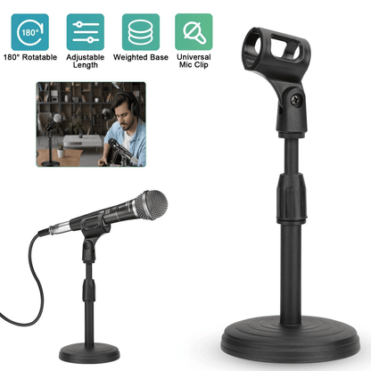 Adjustable Lifting Desktop Microphone Stand Mini Weighted Round Base with Mic Clip Holder