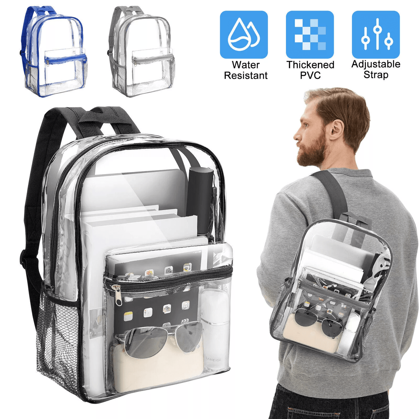 Heavy Duty Clear Backpack, Waterproof Transparent Sling Bag, See-Through Bookbag for School, Work & Travel